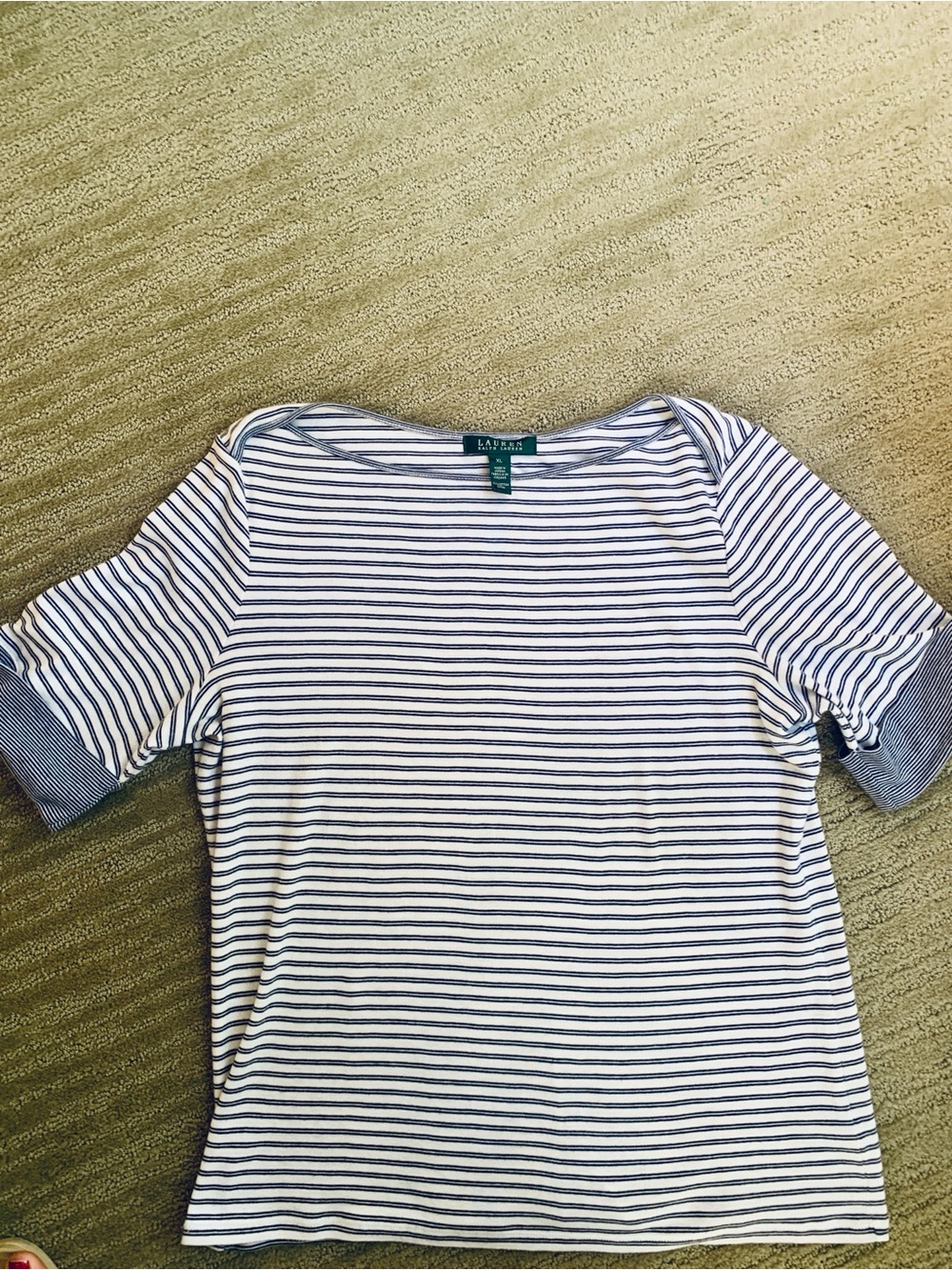 Lauren Ralph Lauren White and Navy Striped Short Sleeve Boatneck Top, Size XL